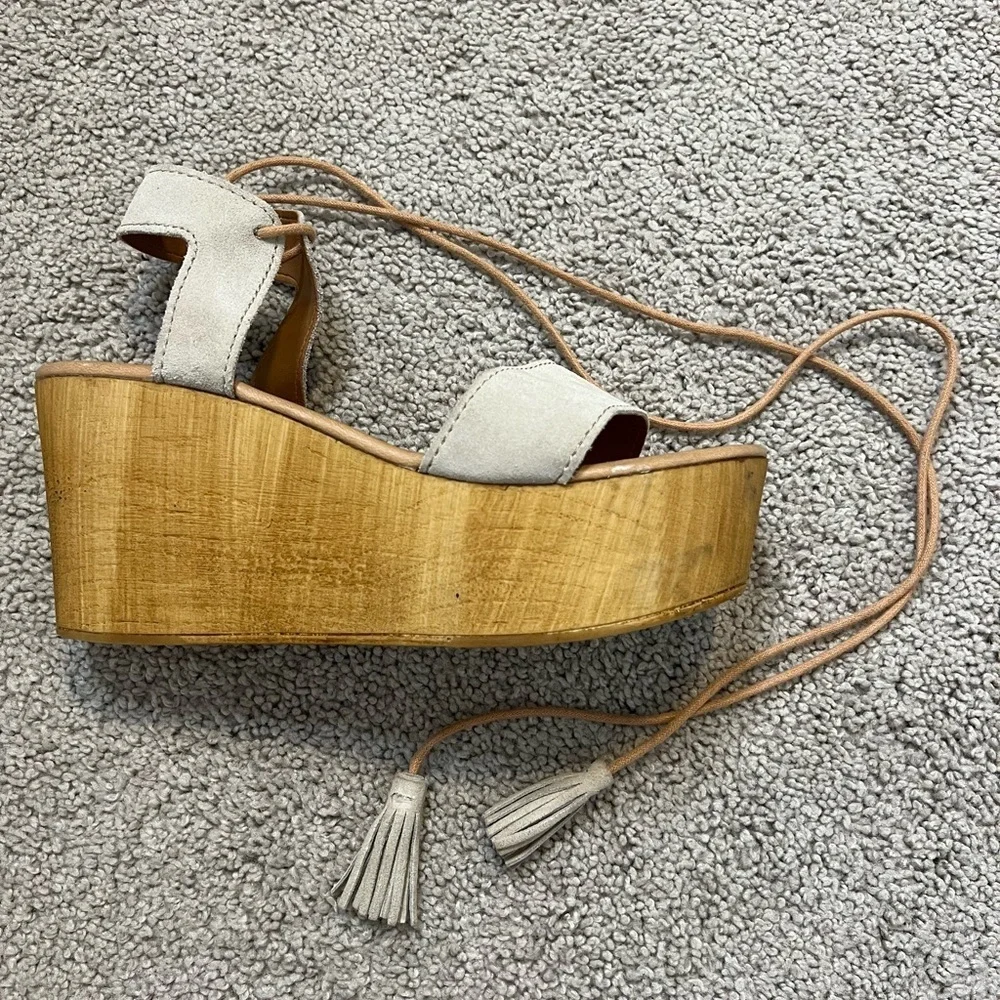 Steve Madden Shannon Suede Leather Tassel Ankle Tie Wooden Platform Wedge Size 9